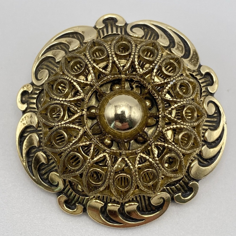 West Germany Gold Tone Scarf Clip Vintage Filigree Round Gold 1.5"